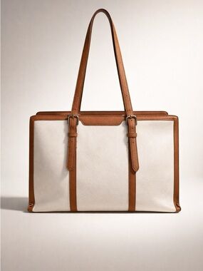 Cream/Tan Leather Multi-Compartment LaptopTote Bag sophisticated/office/work